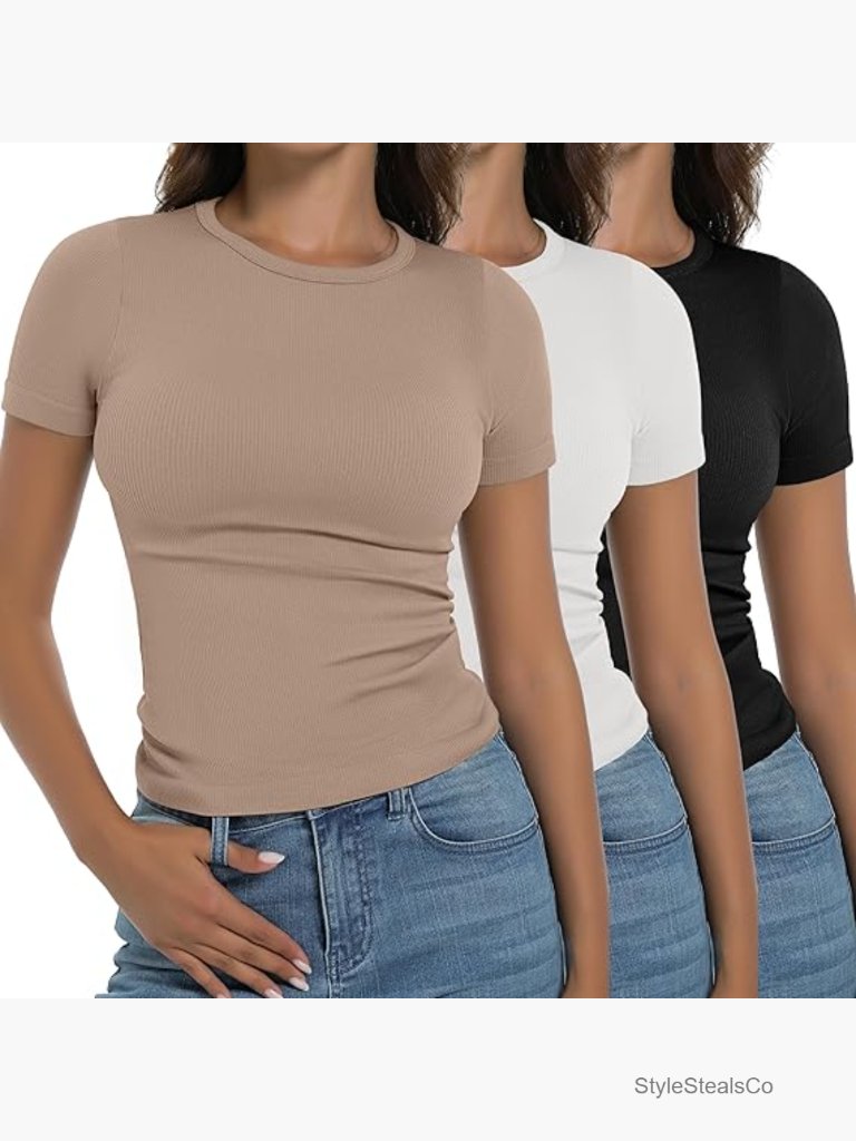 3 Pack Ribbed Slim Fit Crop Tops Short Sleeve T-Shirts Gym Workout